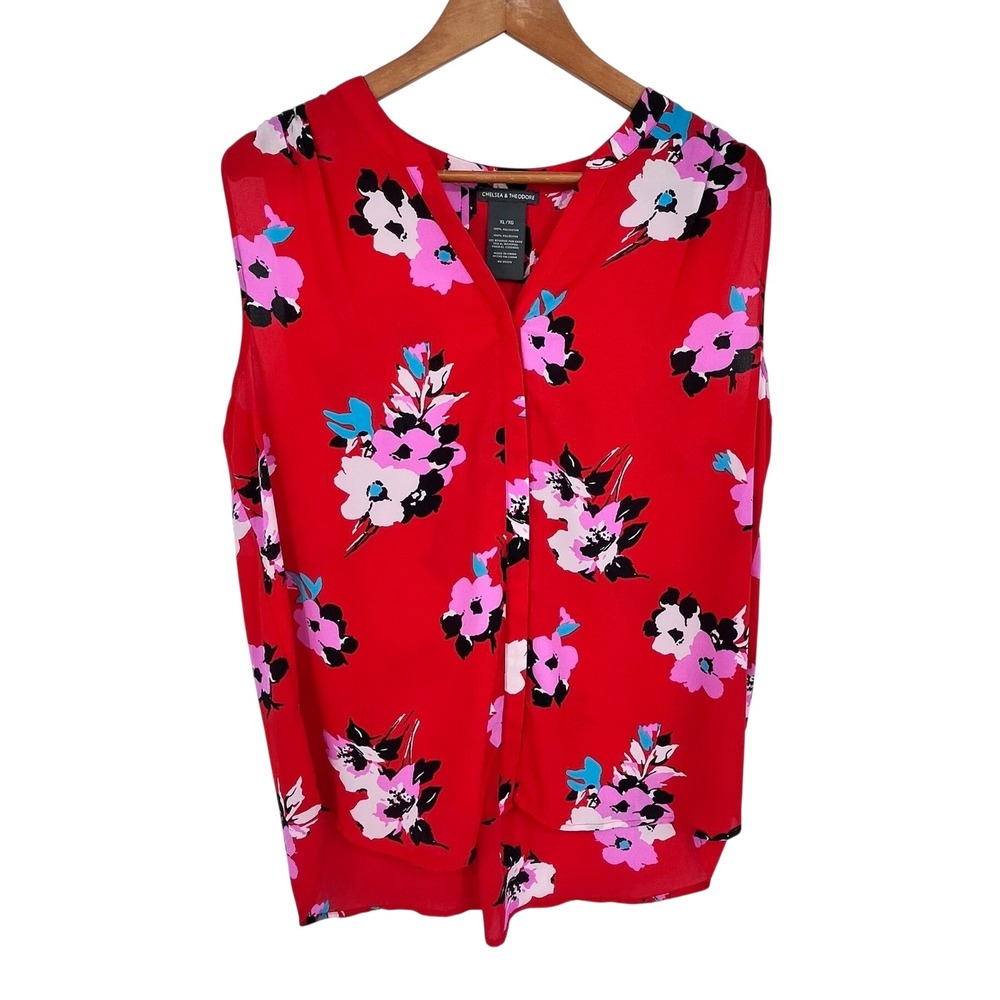 Chelsea & Theodore Red Floral Blouse‎ Women XL Sleeveless Spring Office Wear